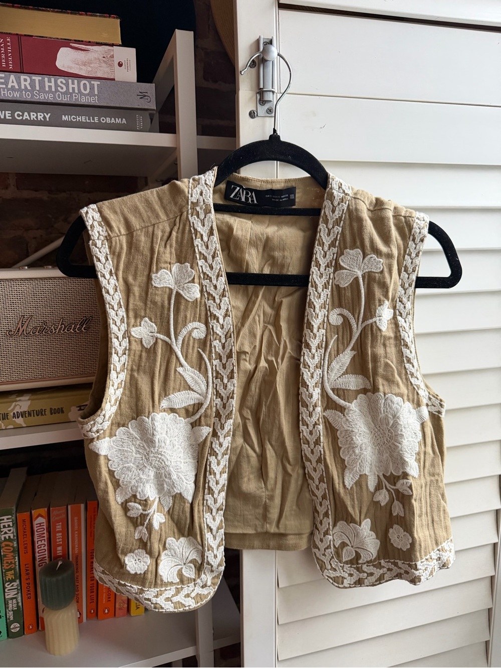 Zara Tan Vest with Cream Floral Embroidery